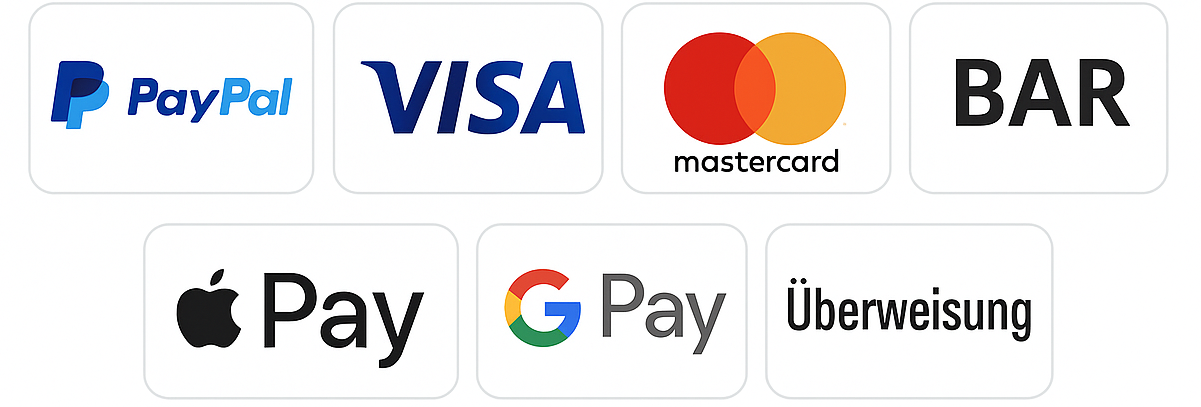 Zahlungsmethoden: PayPal, VISA, Mastercard, Sofort, Giropay, Rechnung, SEPA, Überweisung
